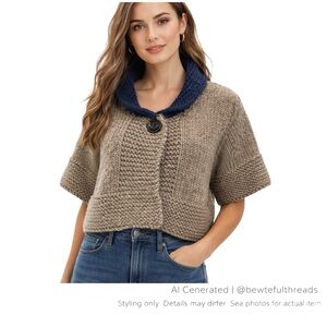 Handknit Wool Cropped Shawl Cardigan S/M Grey Blue Chunky Knit